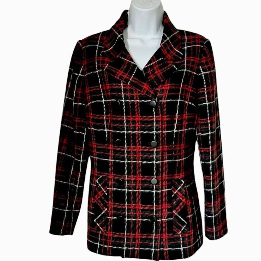 CABI Women's Manhattan Tartan Double-Breasted Wool Blend Academia Peacoat size 8